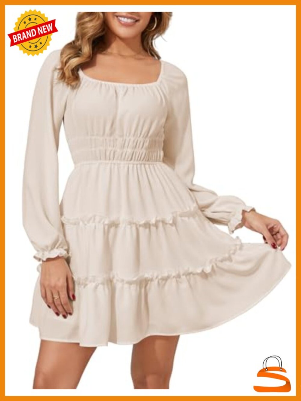 Square Neck Long Sleeve Tiered Ruffle A-Line Mini Dress with Pockets